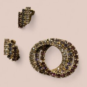 Vtg Triple Circle Purple Rhinestone Brooch & Clip Earring Set Classic Siren Glam